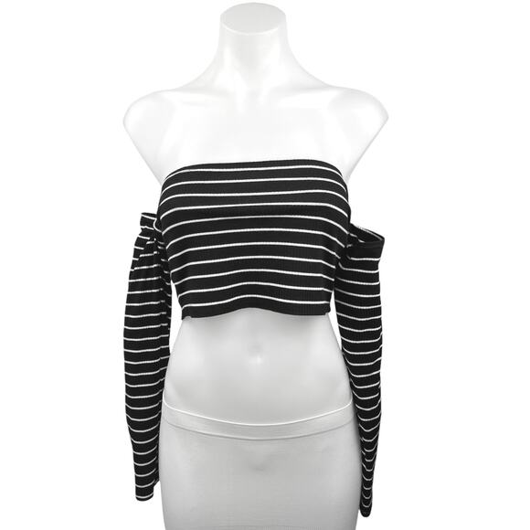 Revolve x Privacy Please Black Striped Off the Shoulder Long Sleeve Crop Top M - Picture 1 of 4